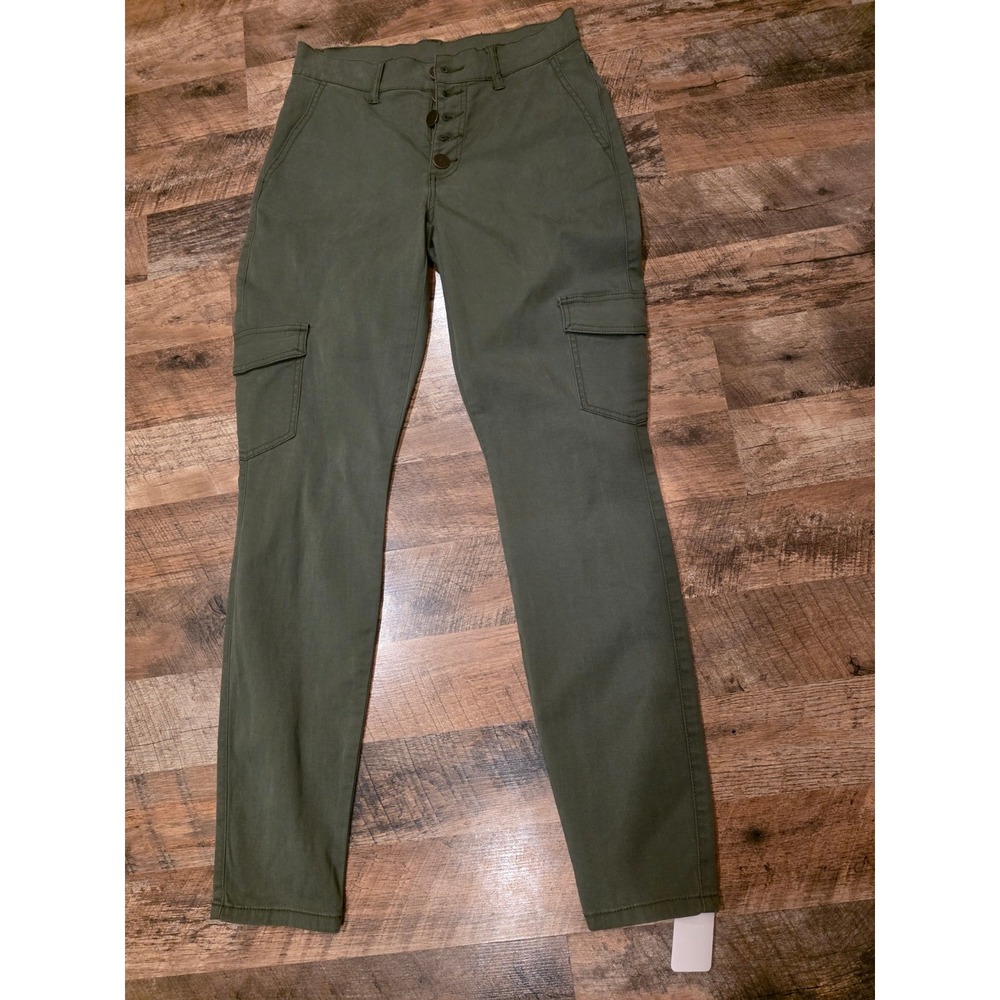 Olive Green High Rise Cargo Pants Slim Fit Button Fly Utility Trousers Women‎